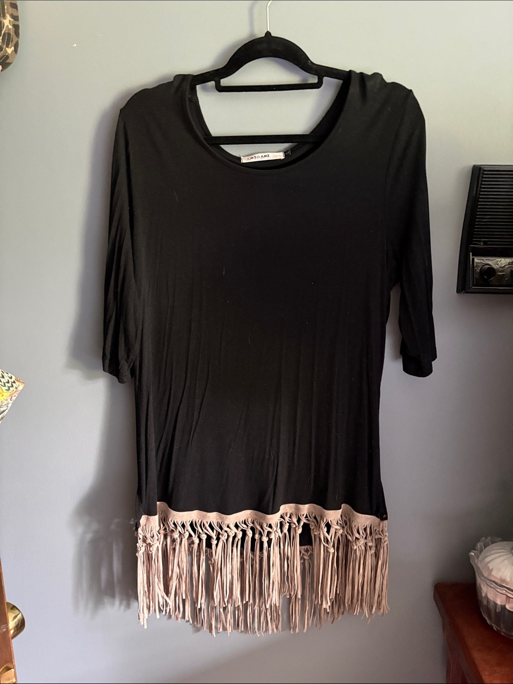 Boho Origami Black Tunic with Blush Fringe Hem